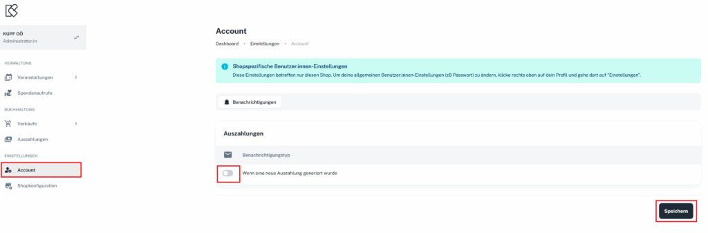 Screenshot: "Account" -> "Benachrichtigungstyp" aktivieren